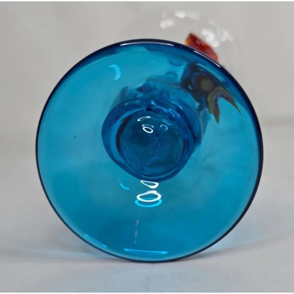 Vintage Murano Style Art Glass Vase | Blue Waves w/ Orange Flower | Hand Blown